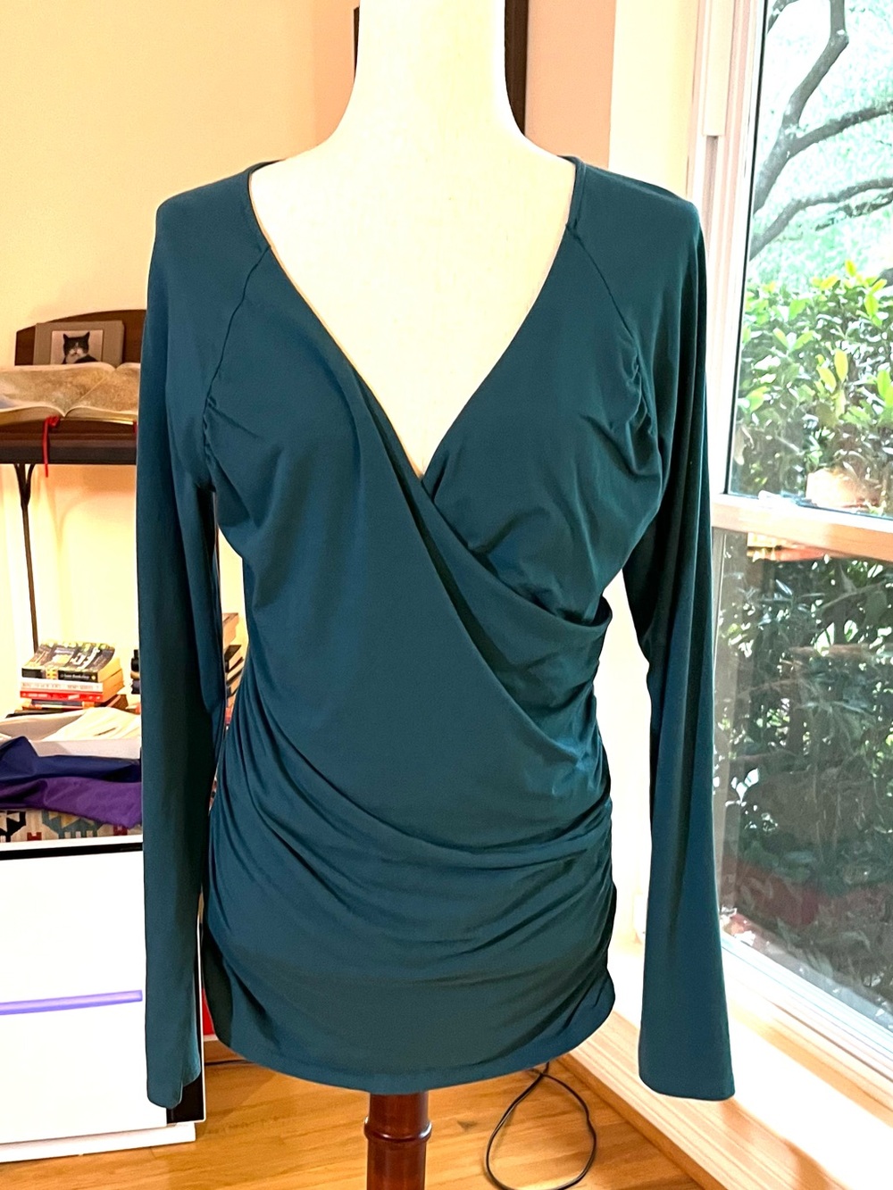 Garnet Hill Teal Faux Wrap Top Size Large Soft Stretch Knit